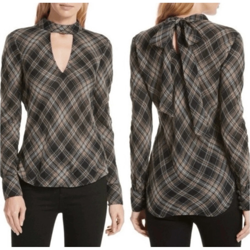 Veronica Beard Wade metallic plaid, tie-neck top blouse size 8